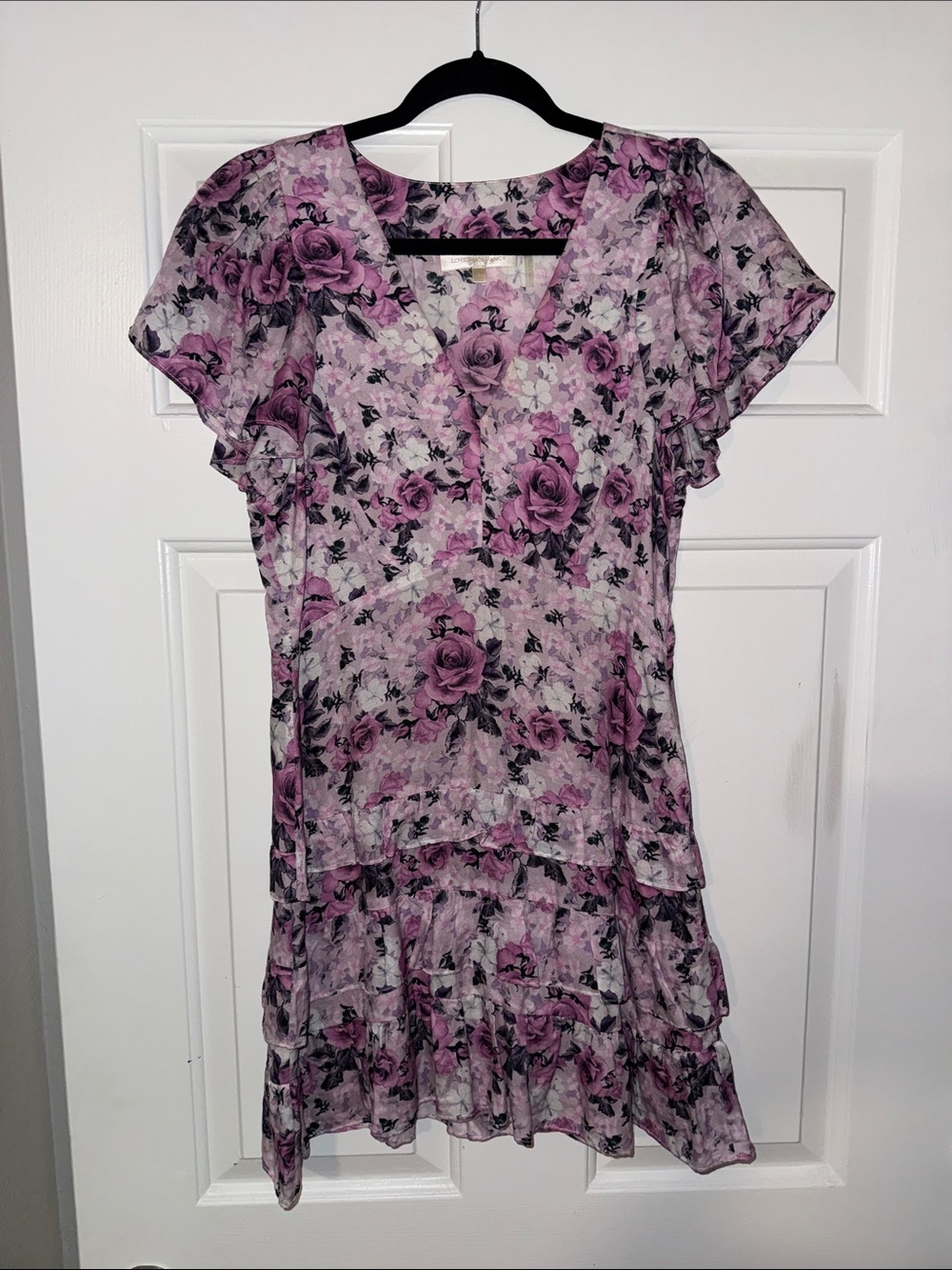 LoveShackFancy Pink Floral Tiered V-Neck Mini Dress